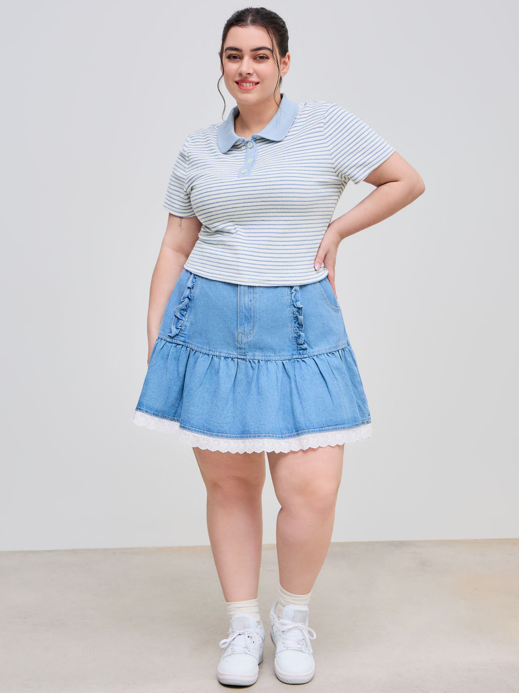 Terry Collar Striped Short Sleeve Tee Curve & Plus