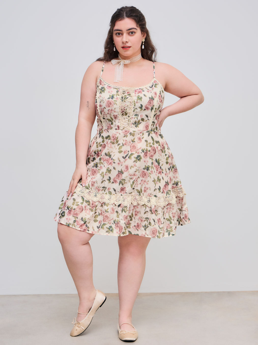 Square Neck Floral Lace Up Mini Dress Curve & Plus