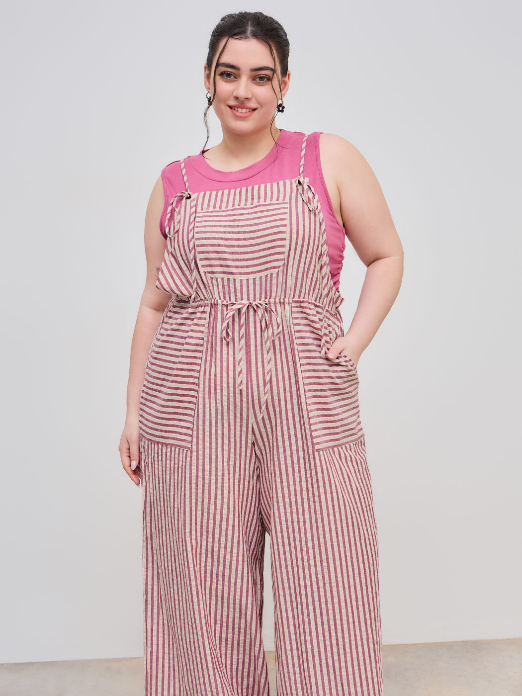 100% Baumwolle Quadrathals Gestreifter Geknoteter Taschen Overall Kurve & Plus