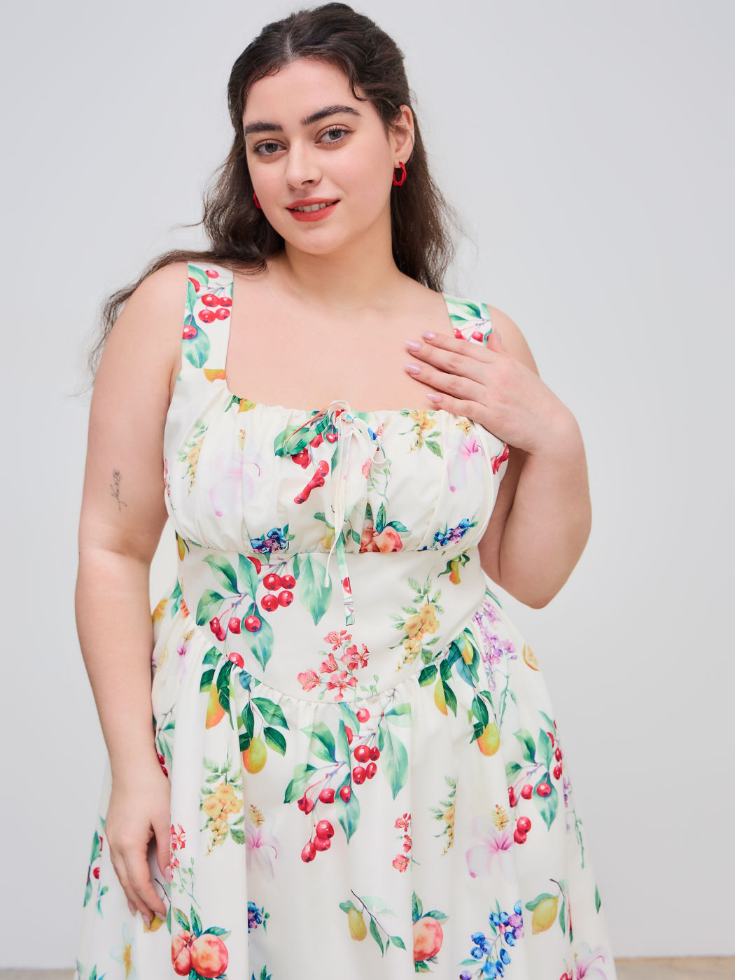 Square Neck Floral & Fruit Ruffle Shirred Pocket Maxi Dress Curve & Plus