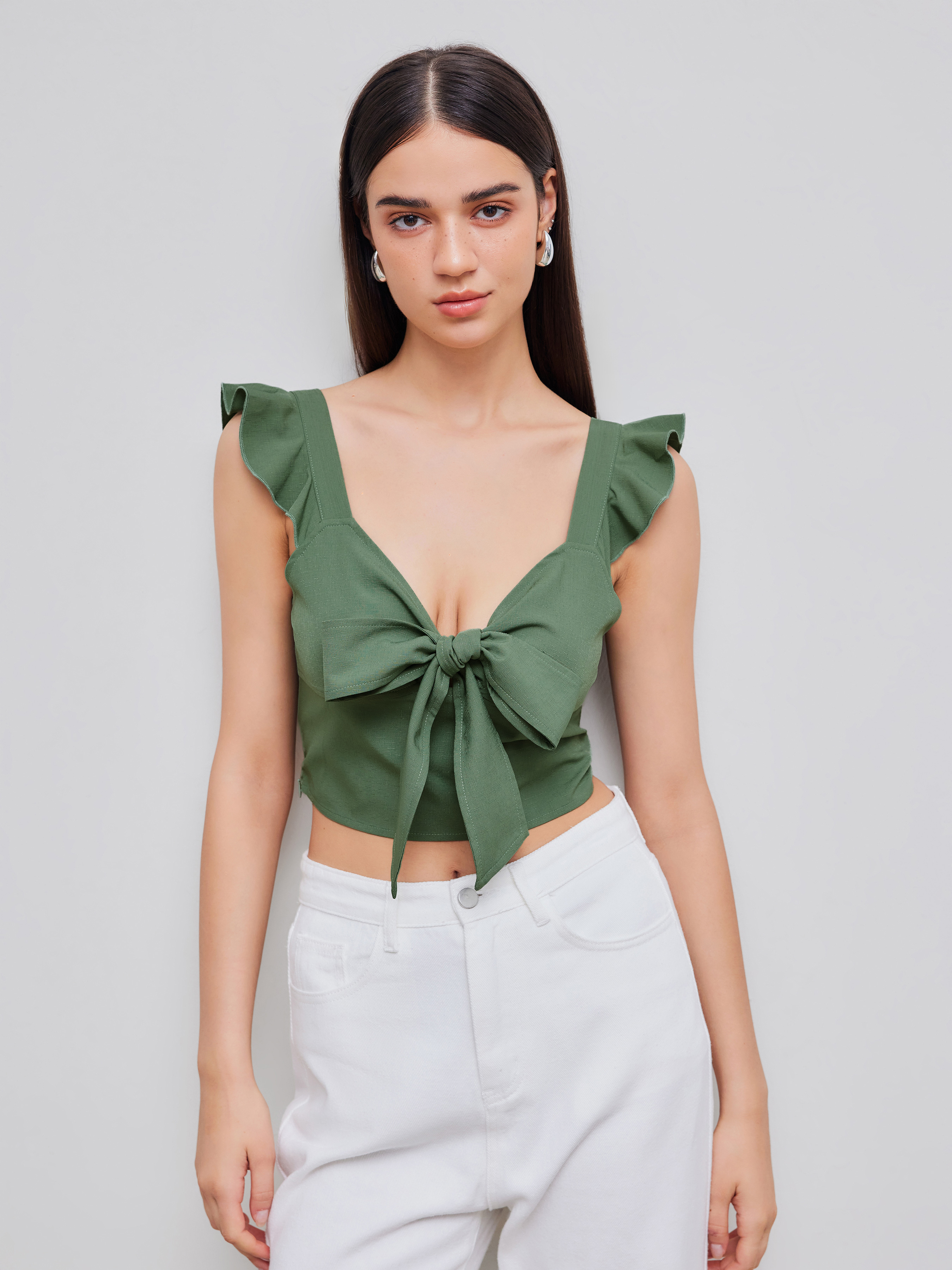 Woven Solid V-neck Ruffle Knotted Crop Top For Daily Casual Date