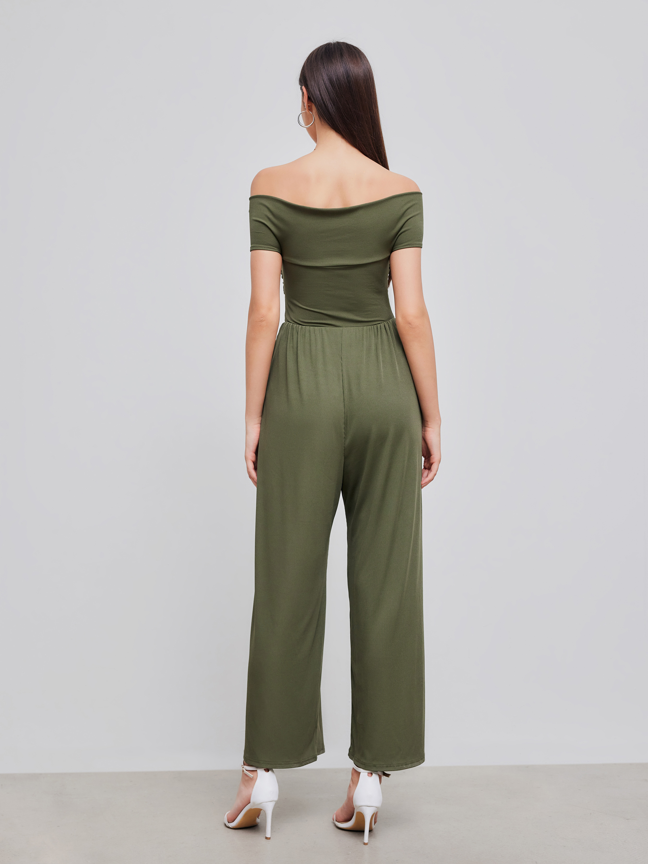 Knit Fabric Off-shoulder Criss Cross Jumpsuit For Daily