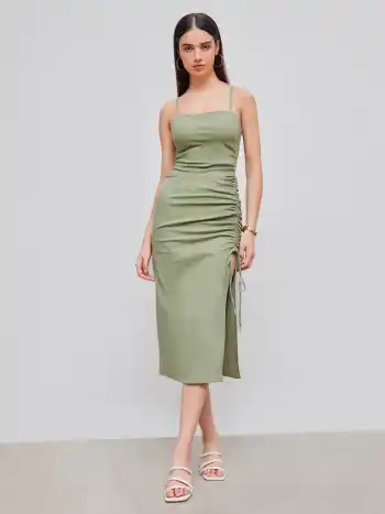 Baumwollmischung Quadratischer Ausschnitt Einfarbig Gerafftes Midi-Kleid mit Kordelzug