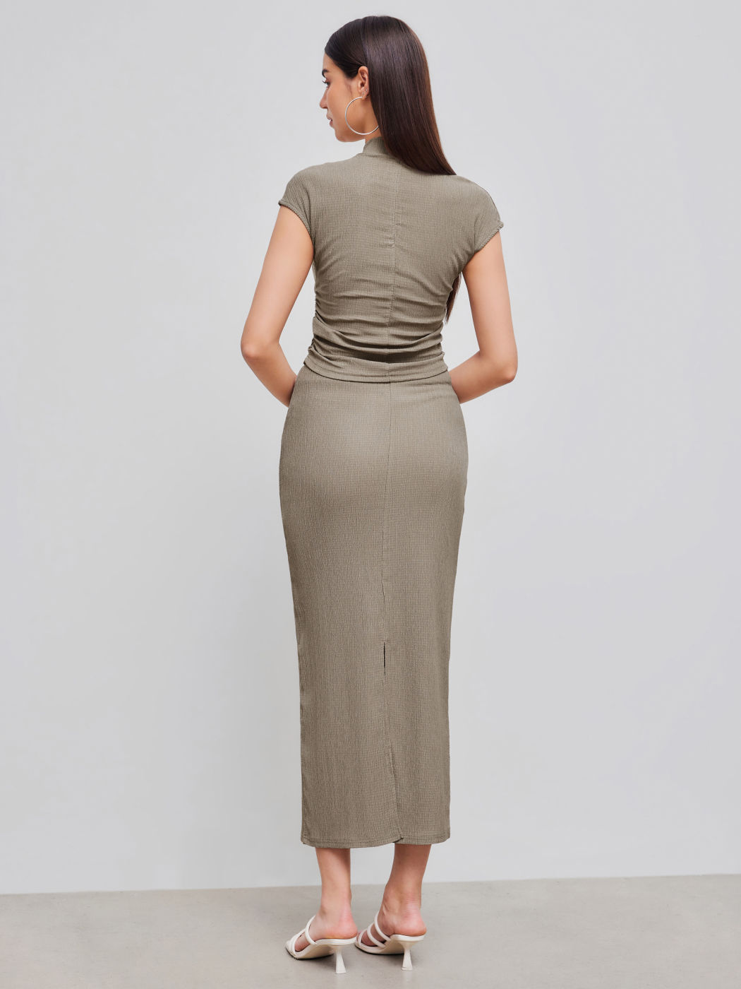 High Neck Solid Texture Ruched Tank Top & Mid Rise Solid Texture Split Maxi Skirt