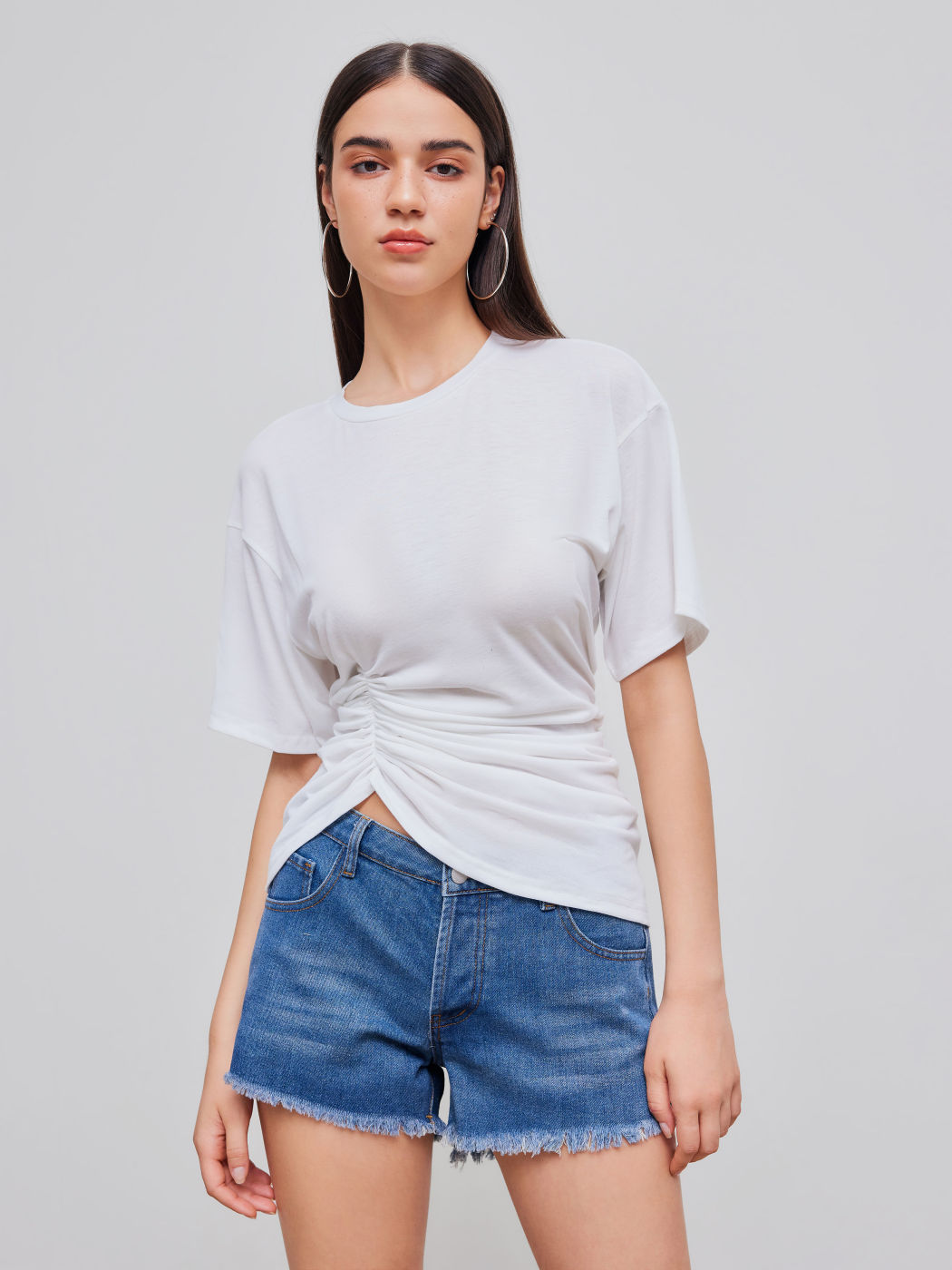 Round Neck Ruched Asymmetrical Short Sleeve Tee