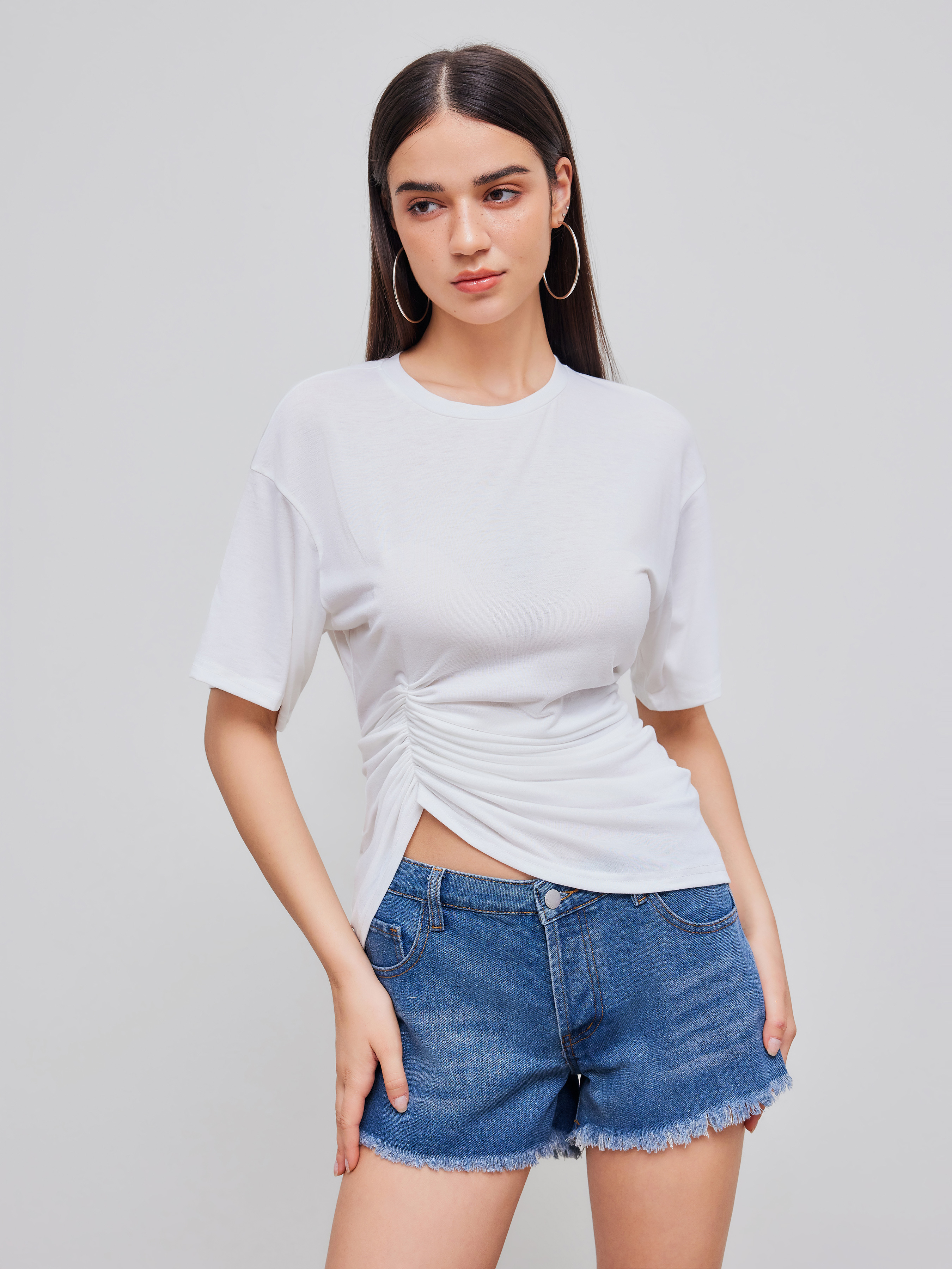 Round Neck Ruched Asymmetrical Short Sleeve Tee