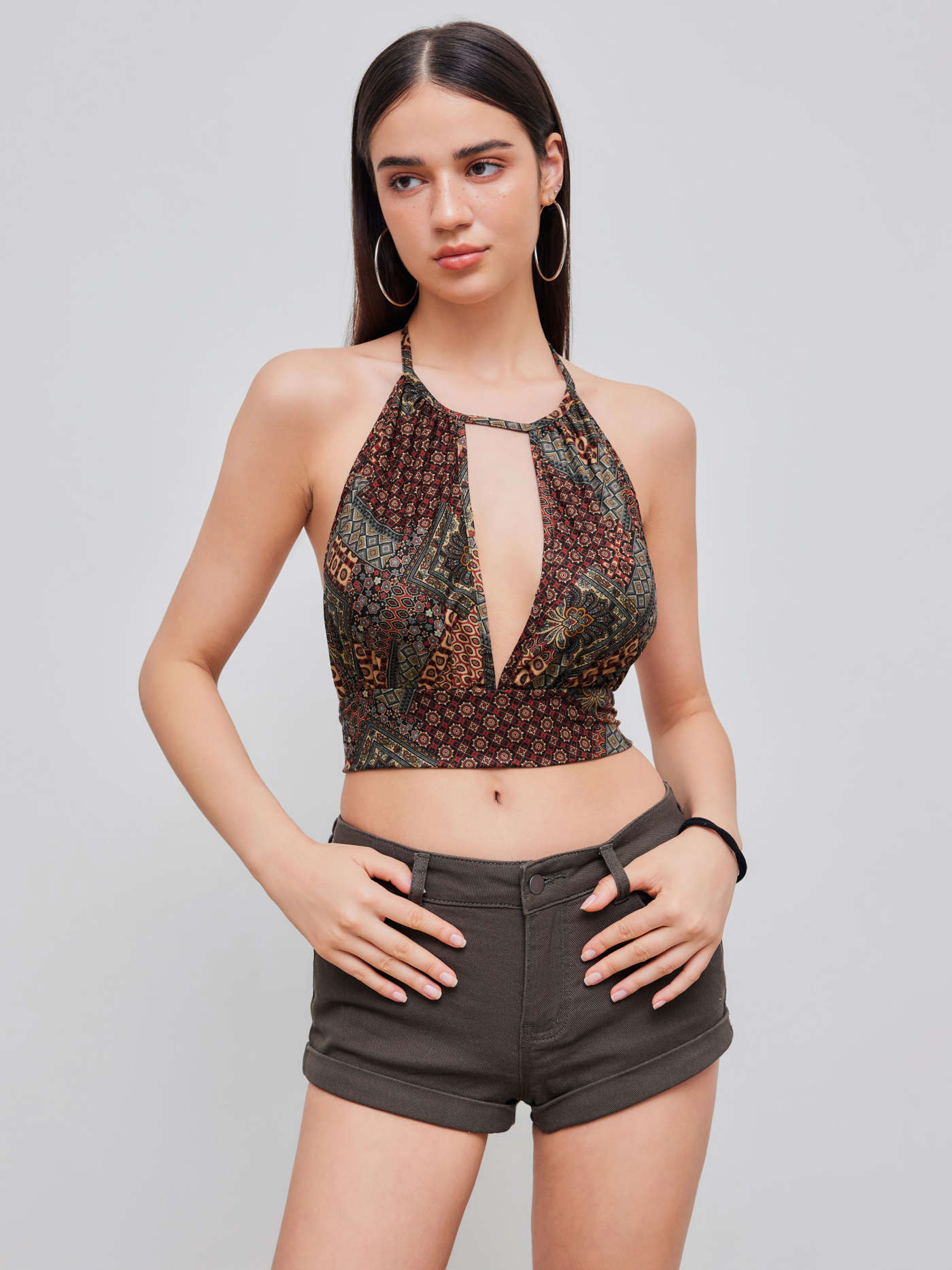 Woven Halter Aztec Knotted Back Crop Top