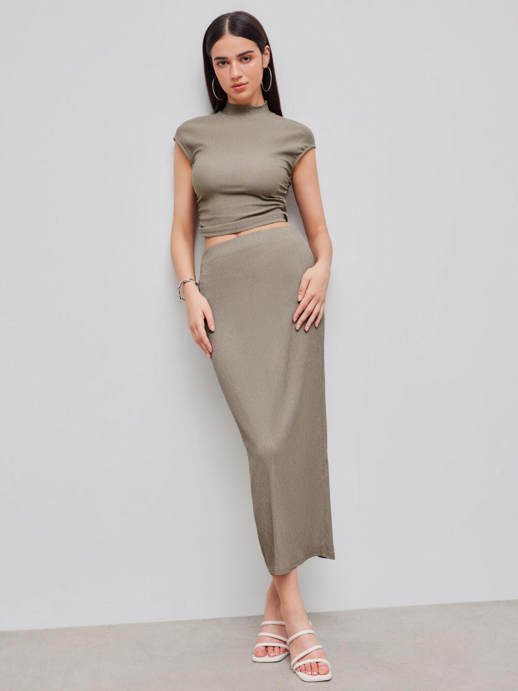 High Neck Solid Texture Ruched Tank Top & Mid Rise Solid Texture Split Maxi Skirt