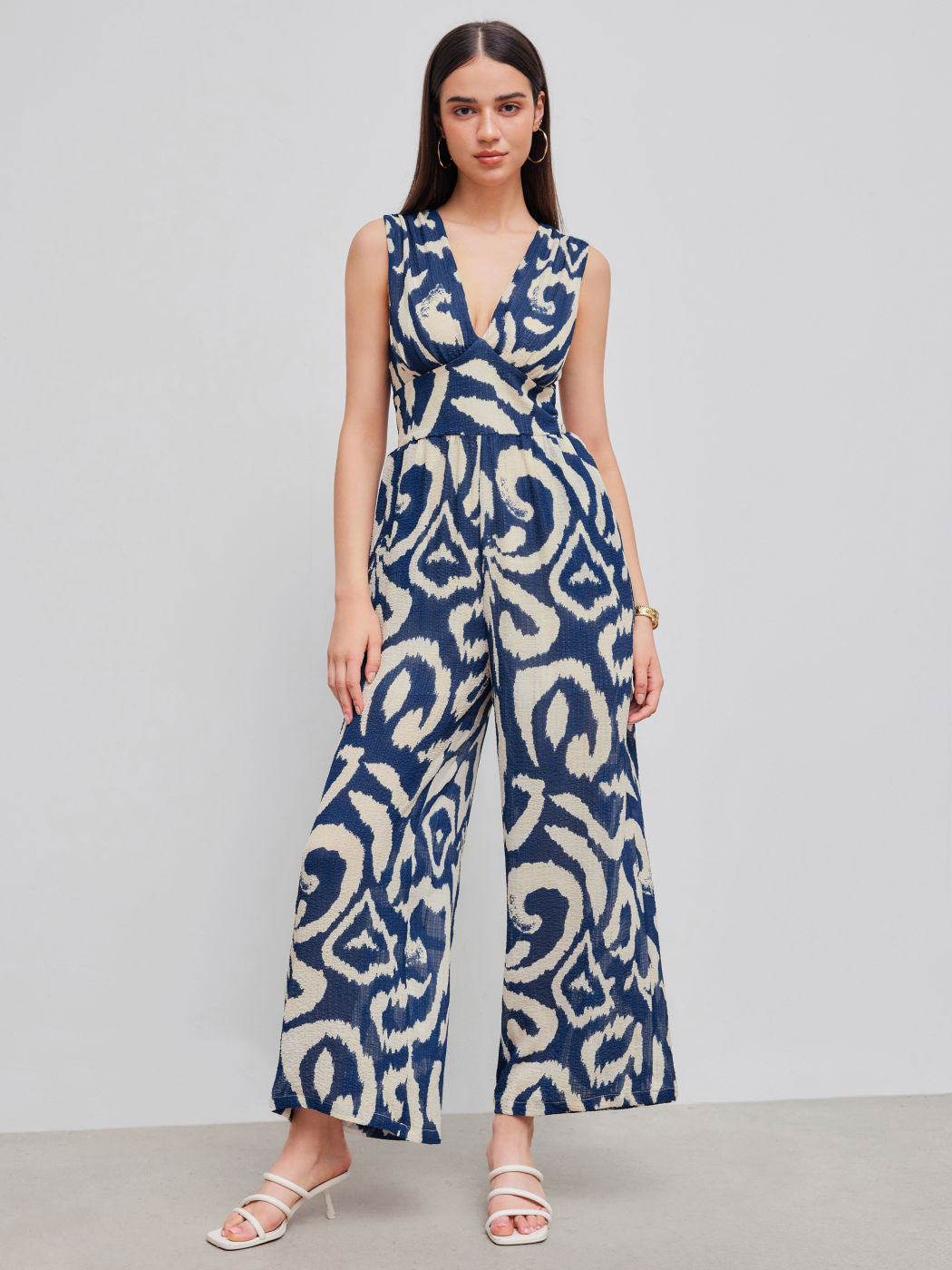 Woven V-neck Abstract Sleeveless Wide Leg Jumpsuit