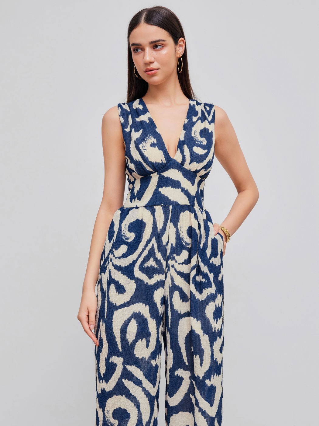 Woven V-neck Abstract Sleeveless Wide Leg Jumpsuit