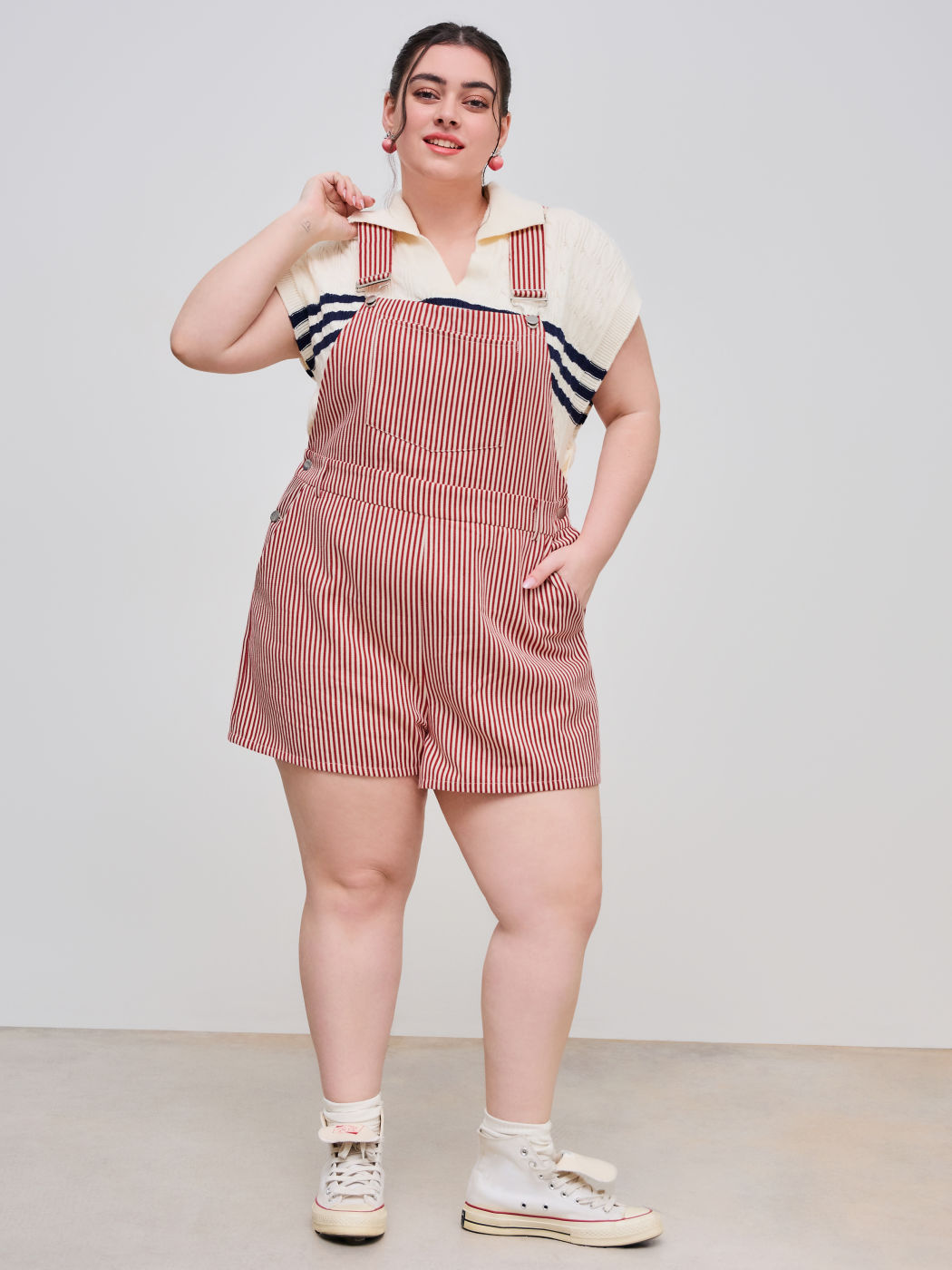 Cotton-blend Square Neck Striped Pocket Romper Curve & Plus