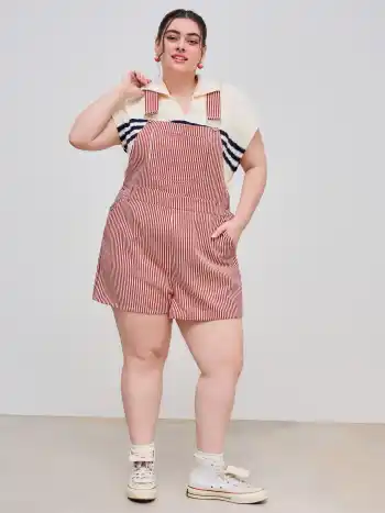 Cotton-blend Square Neck Striped Pocket Romper Curve & Plus