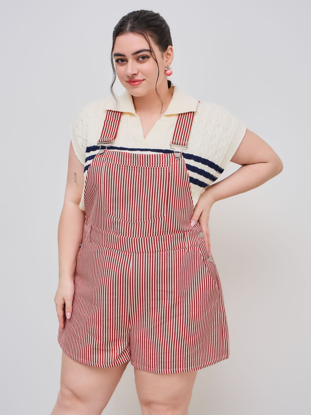 Cotton-blend Square Neck Striped Pocket Romper Curve & Plus