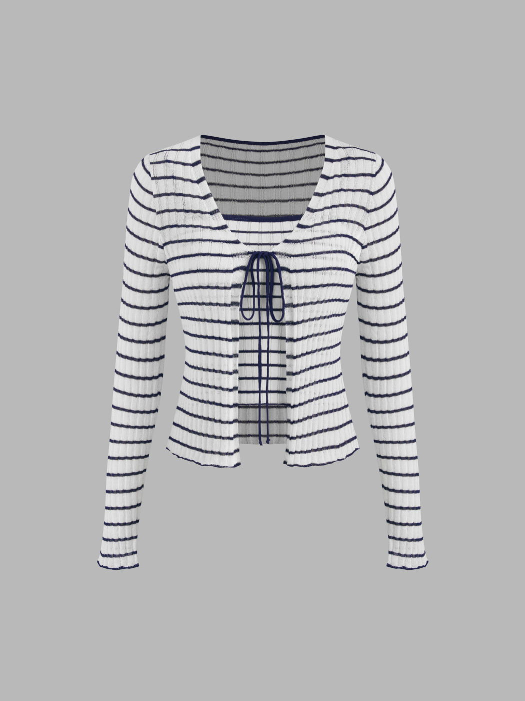 Knit V-neck Striped Knotted Long Sleeve Top With Knit Striped Crop Cami Top