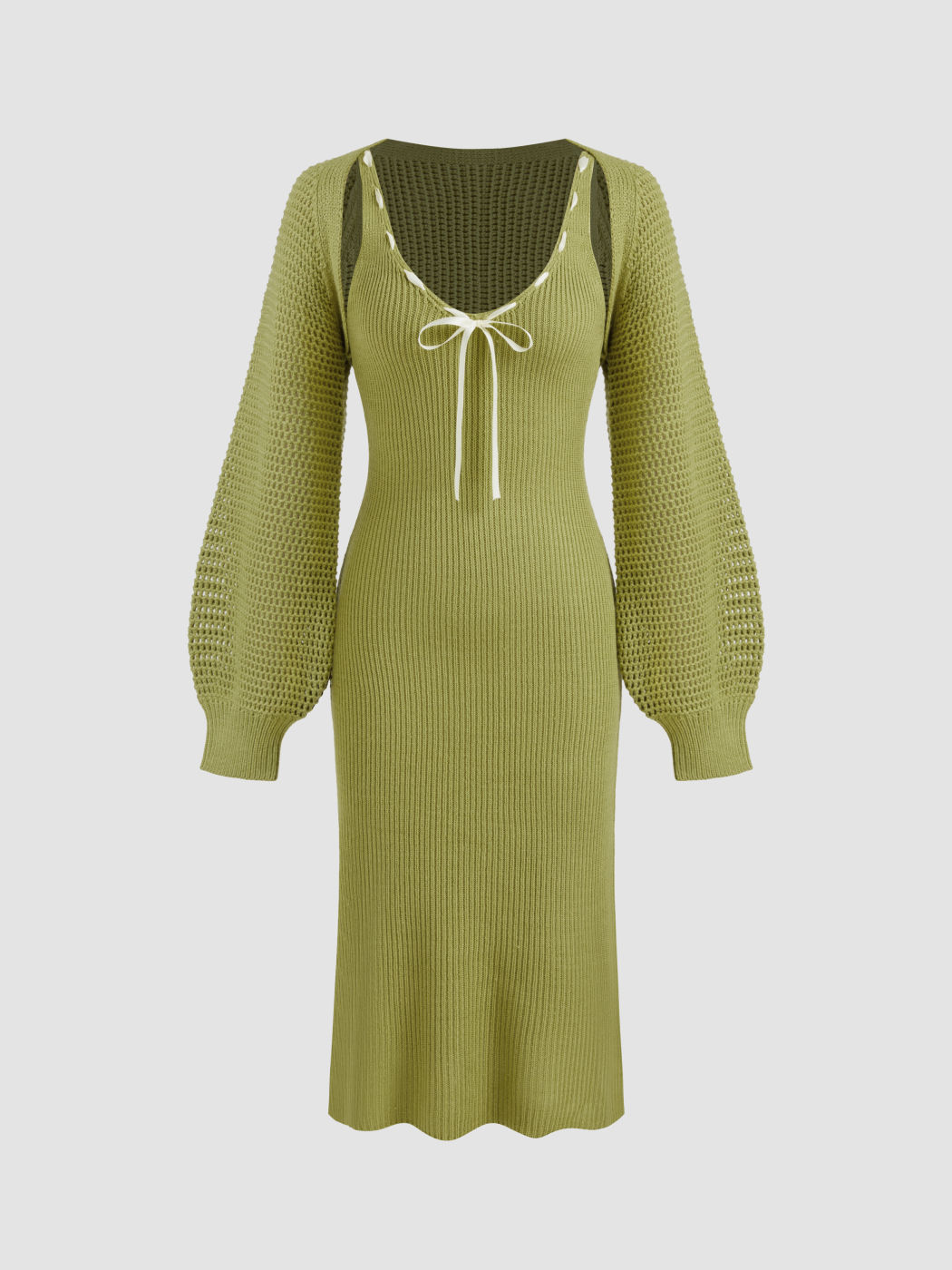 Vestito midi a maglia con scollo rotondo e coprispalle solido e annodato