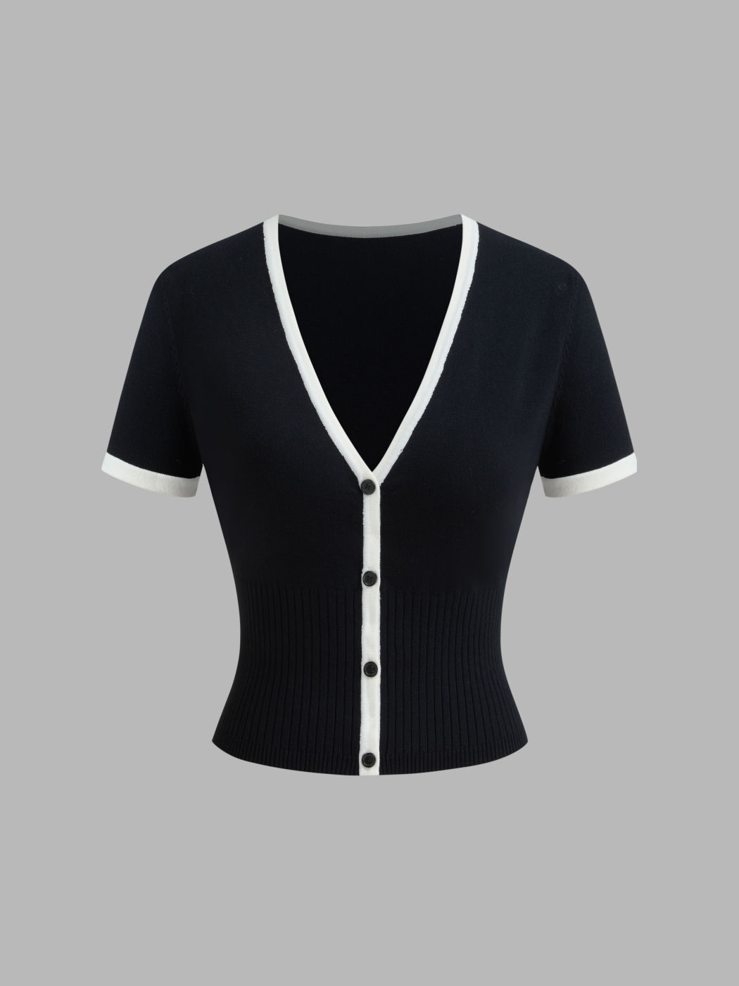 Knit V-neck Contrasting Binding Button Crop Short Sleeve Top