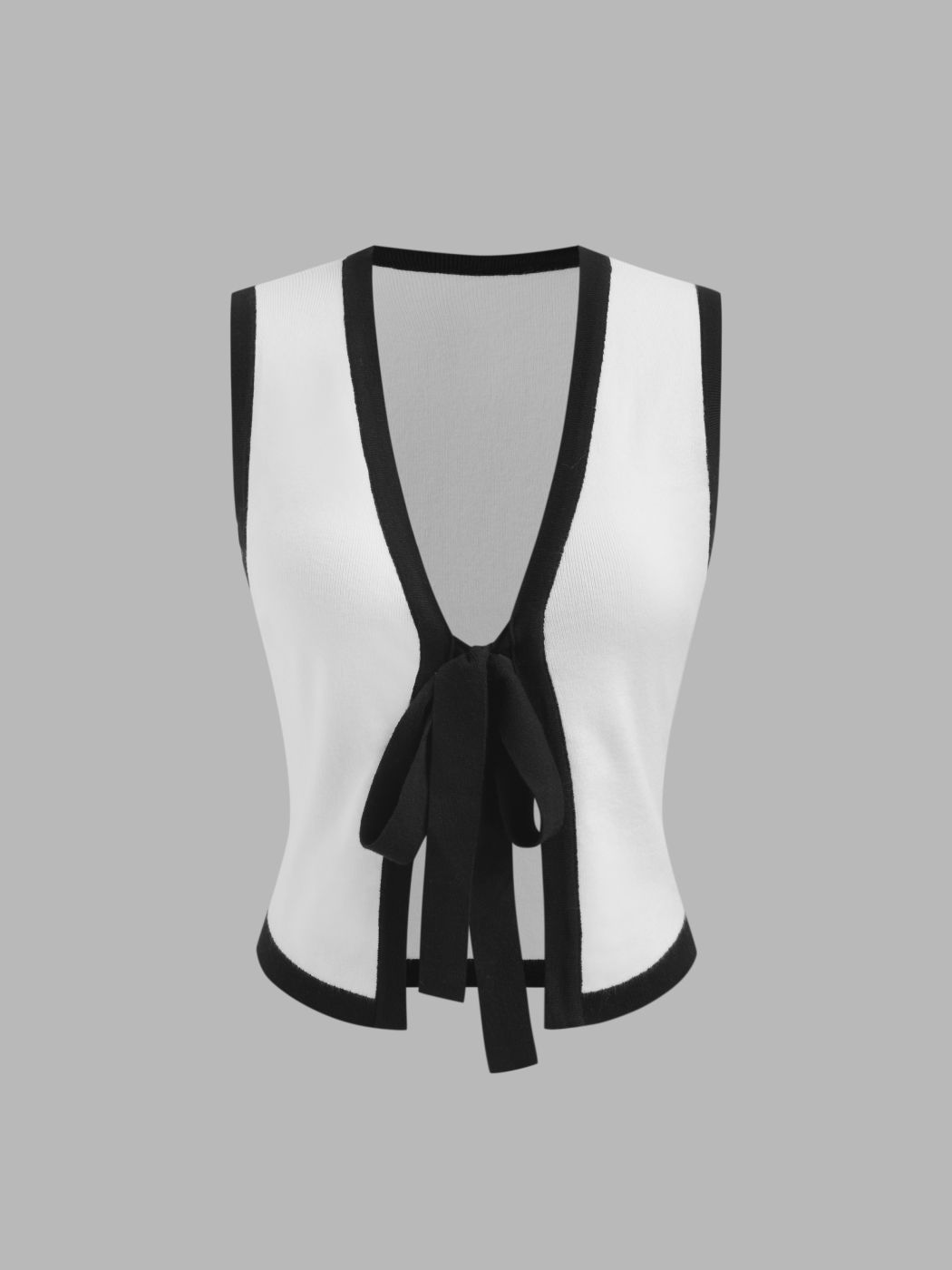 Knit V-neck Contrasting Binding Knotted Crop Vest