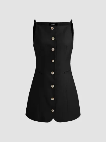 Linen-blend Solid Button Mini Dress