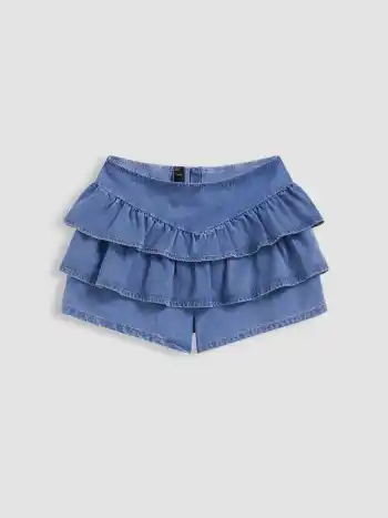 Denim Mid Rise Solid Ruffle Layered Zipper Shorts