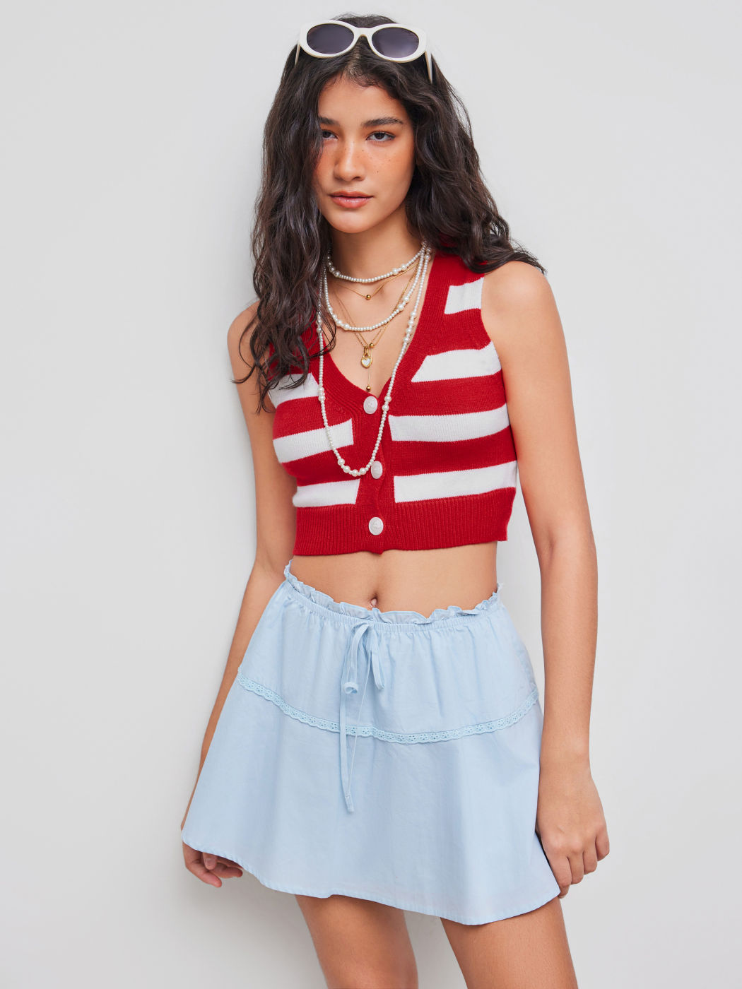 Knit V-neck Striped Button Crop Top