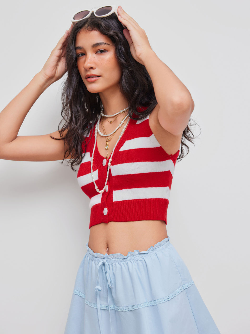 Knit V-neck Striped Button Crop Top