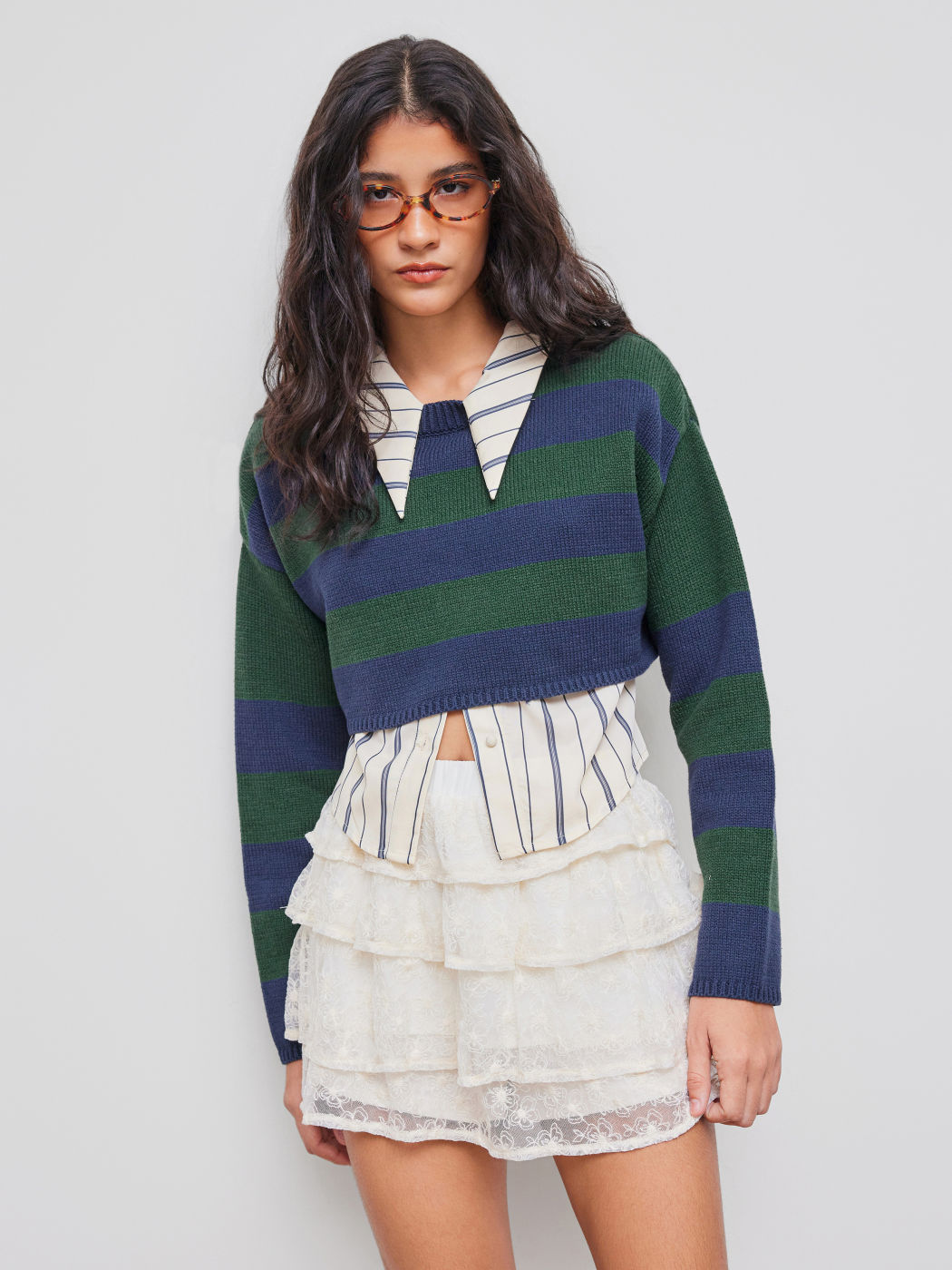 Knit Round Neckline Striped Crop Sweater