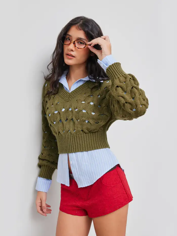 Knit Fabric Knit Round Neckline Hollow Out Long Sleeve Crop Top For Holiday
