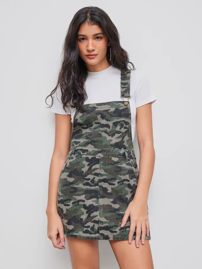 Denim Denim Camo Buckle Up Pocket Mini Dress For School