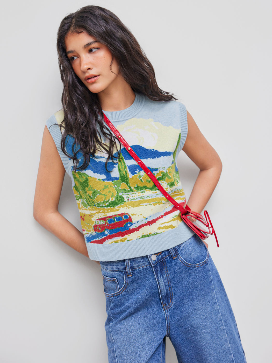 Knit Round Neckline Oil Painting Graphic Vest