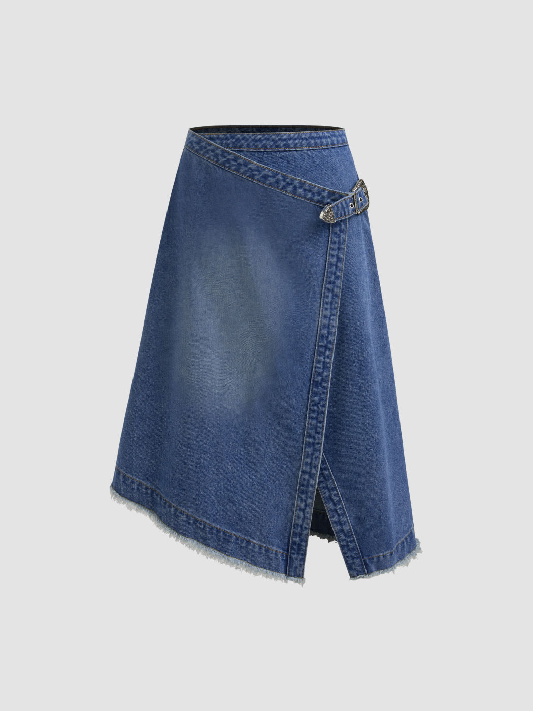 Denim Mid Rise Raw Hem Asymmetrical Belted Midi Skirt