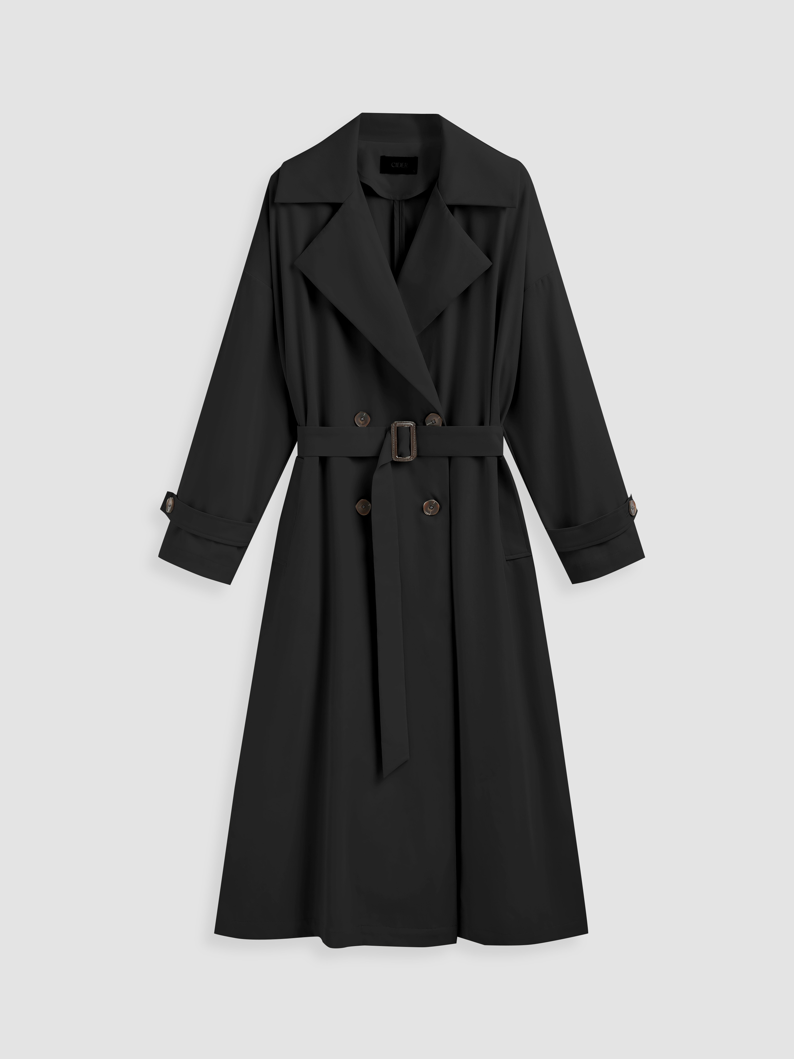 Womens Coats Black Dogtooth Belted Long Coat Oversized Trench Coat