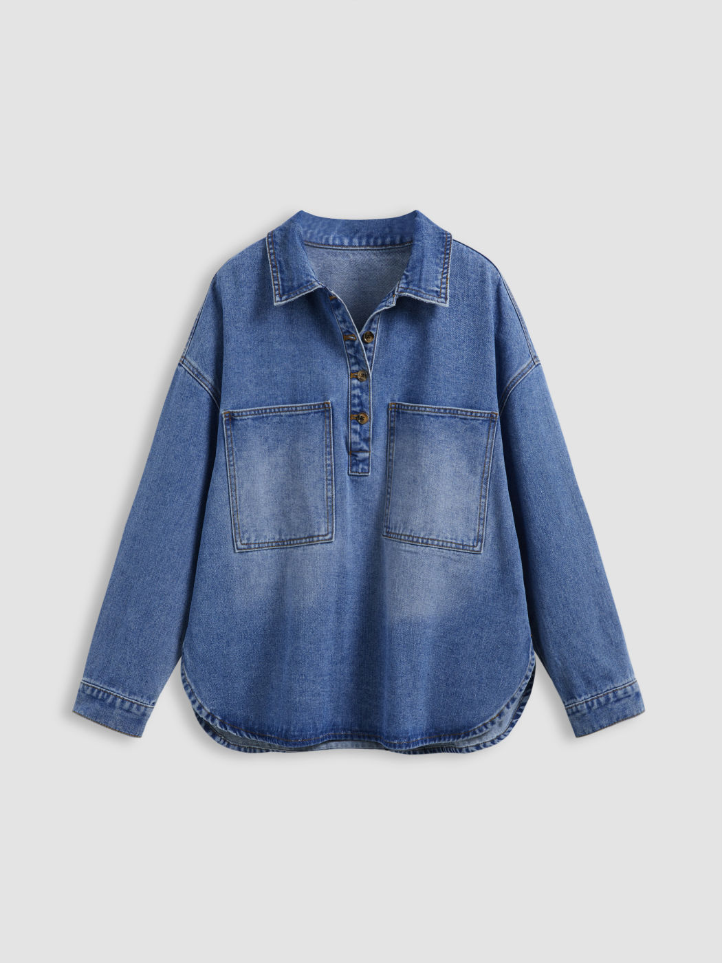 Denimkragen Einfarbig Knopf Tasche Oversized Oberteil