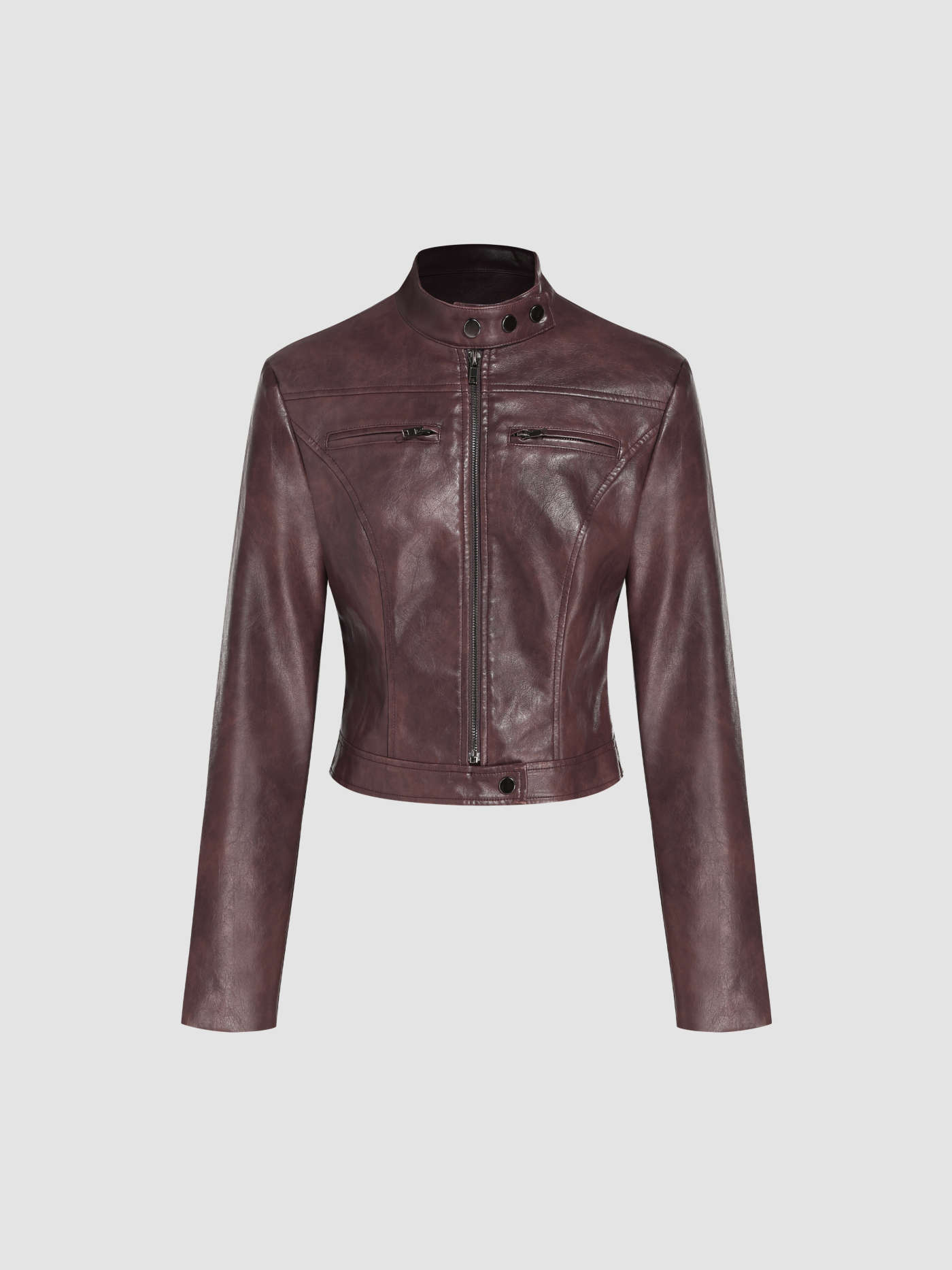 Faux Leather Stand Collar Zipper Biker Jacket