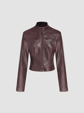 Faux-Leder-Reitjacke mit Stehkragen und Reißverschluss