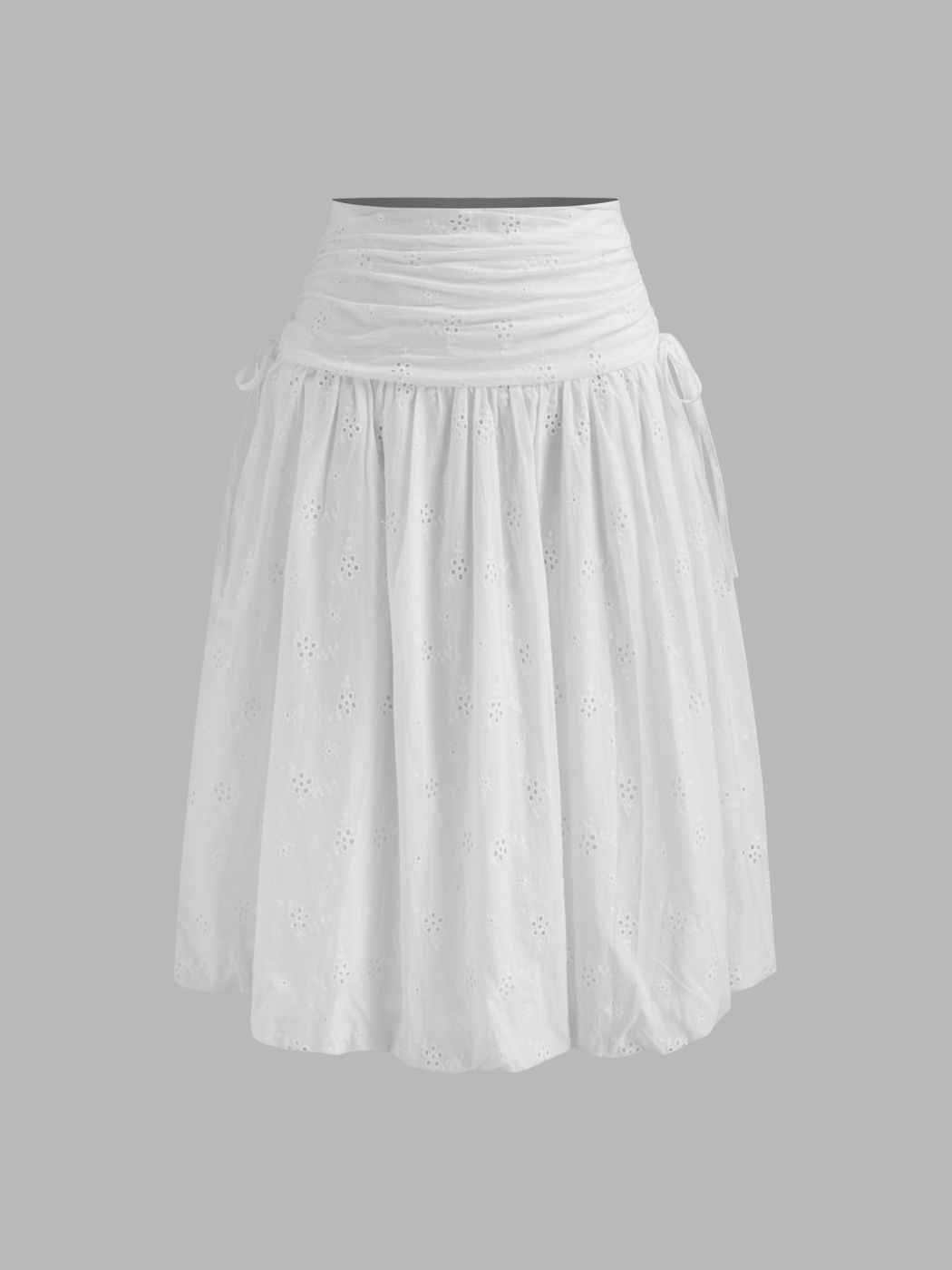 100% Cotton Broderie Anglaise Bubble Hem Knotted Ruffle Midi Skirt
