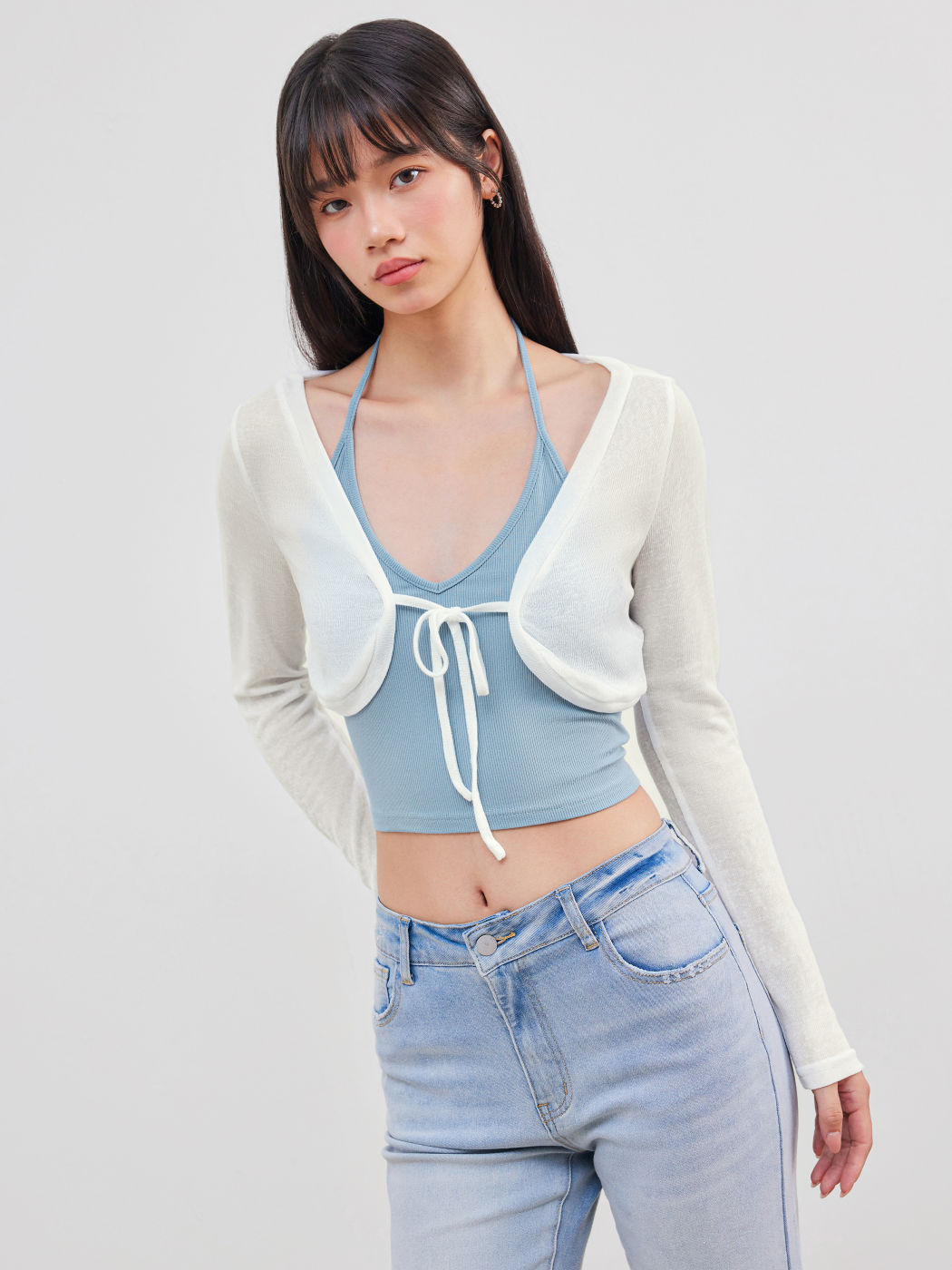 Jersey Round Neck Knotted Crop Long Sleeve Shrug