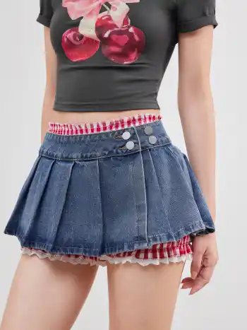 Denim Low Rise Solid Pleated Micro Mini Skirt