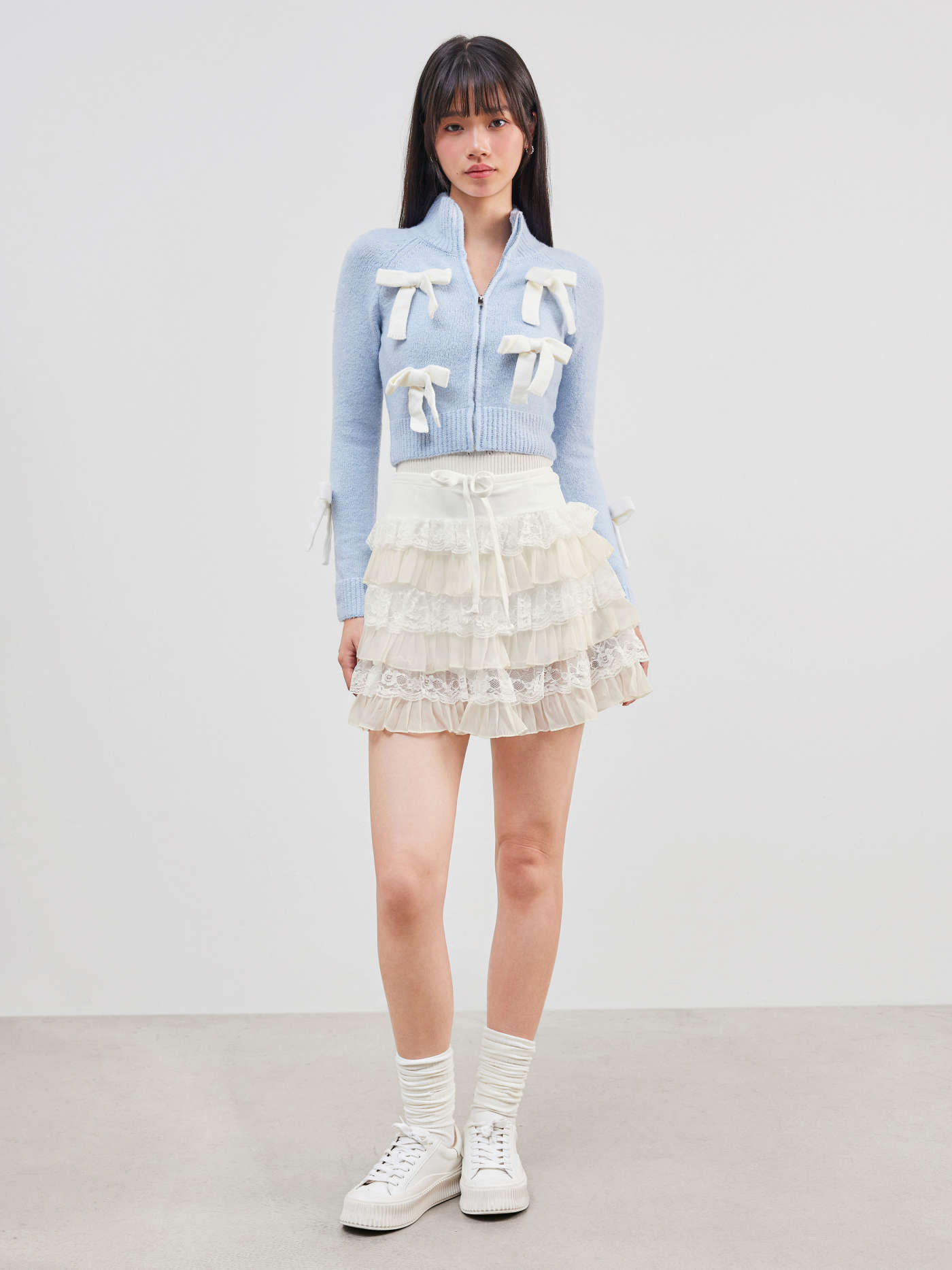 Tricot High Neck Bowknot Knitted Cardigan For Décontracté quotidien