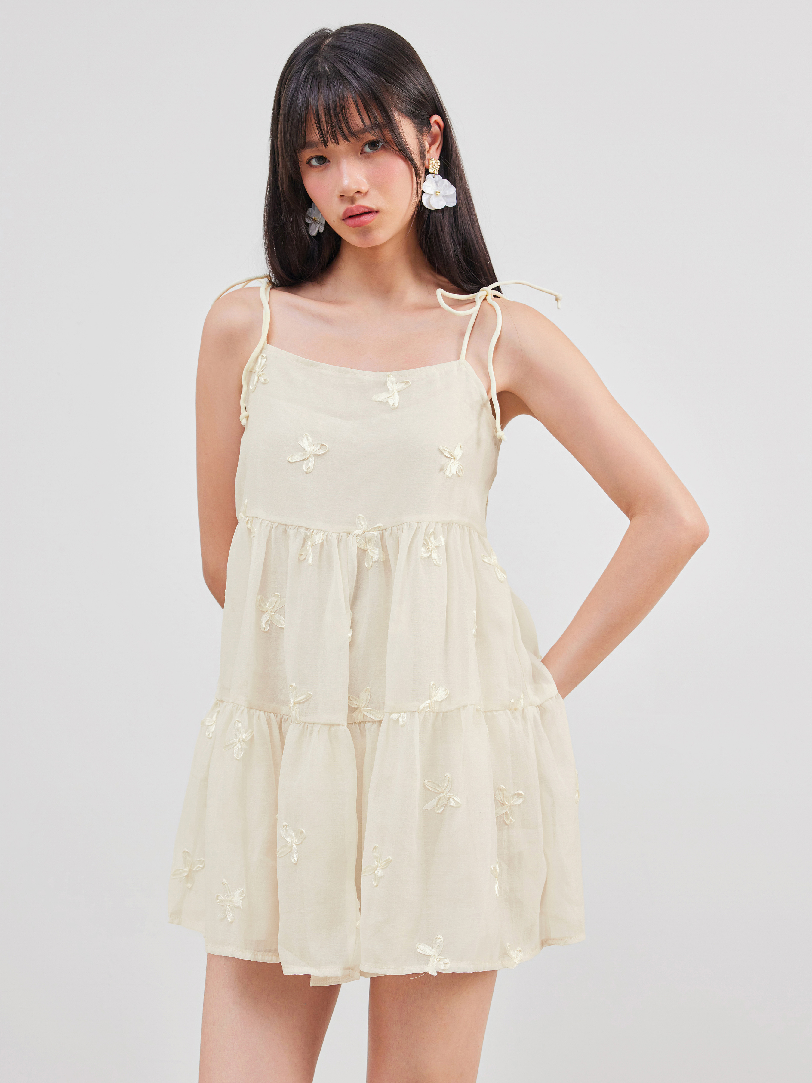 Woven Square Neck Solid Bowknot Babydoll Mini Dress For Date