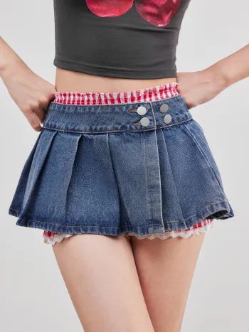 Denim Low Rise Solid Pleated Micro Mini Skirt