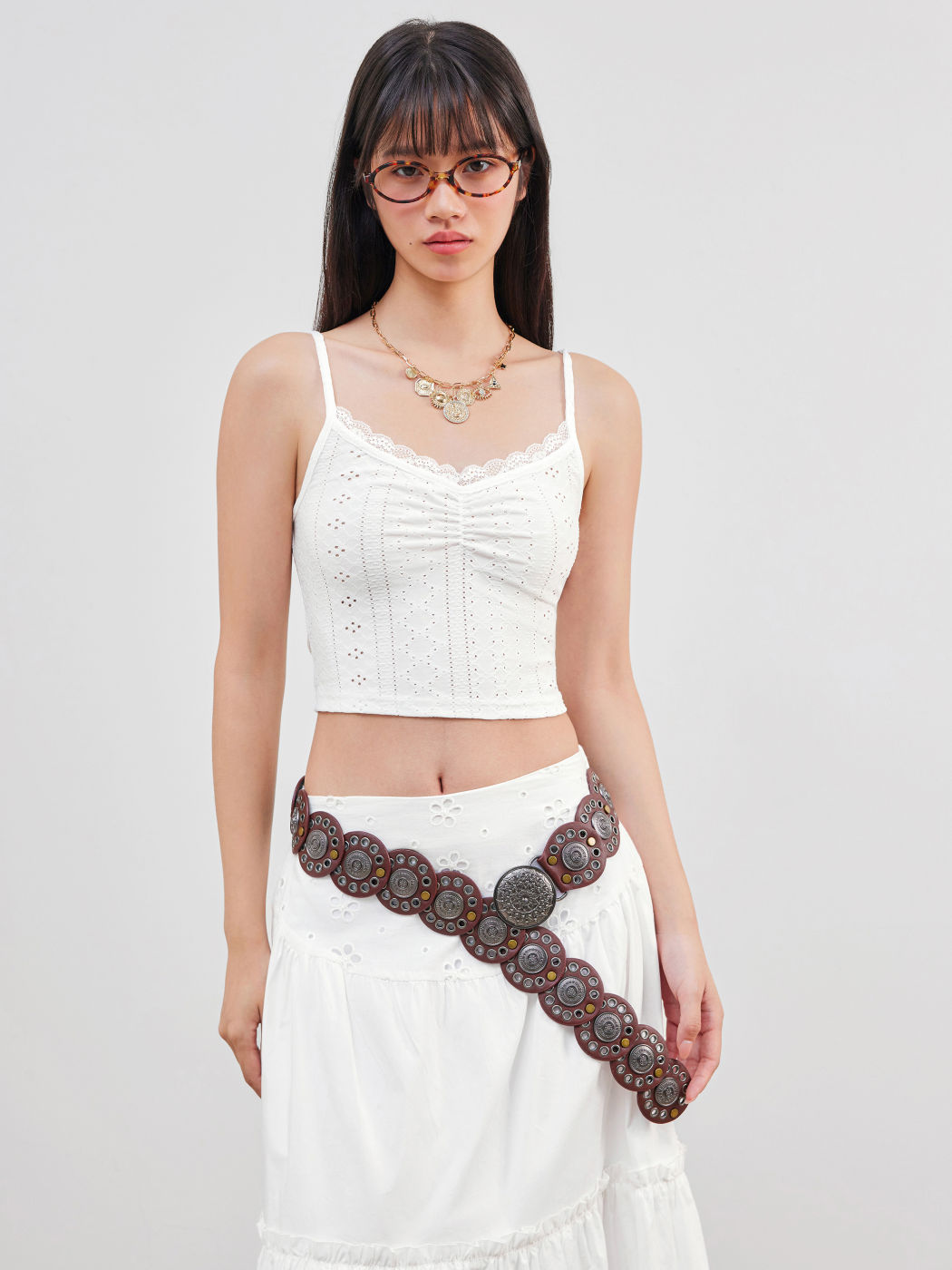 Broderie Anglaise Solid Lace Trim Crop Cami Top
