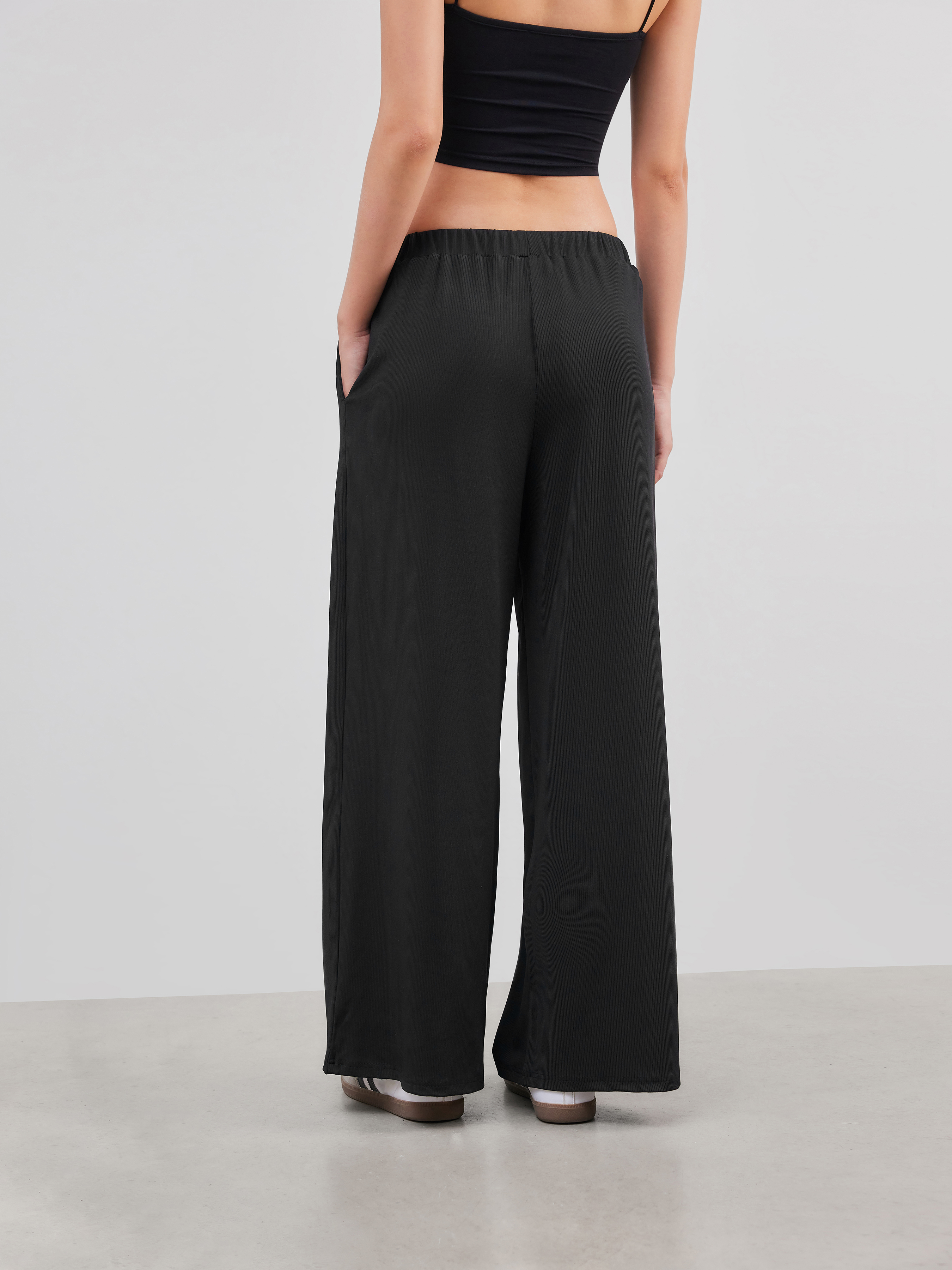 Petite Solid Elastic Waist Wide Leg Pants