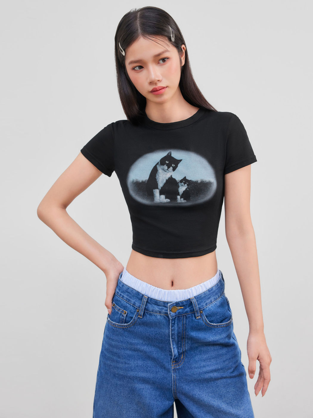 Cat Print Crop Shirt