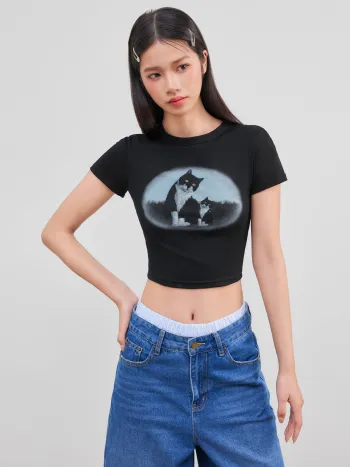 Cat Print Crop Shirt
