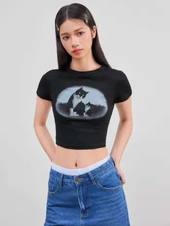 Cat Print Crop Shirt