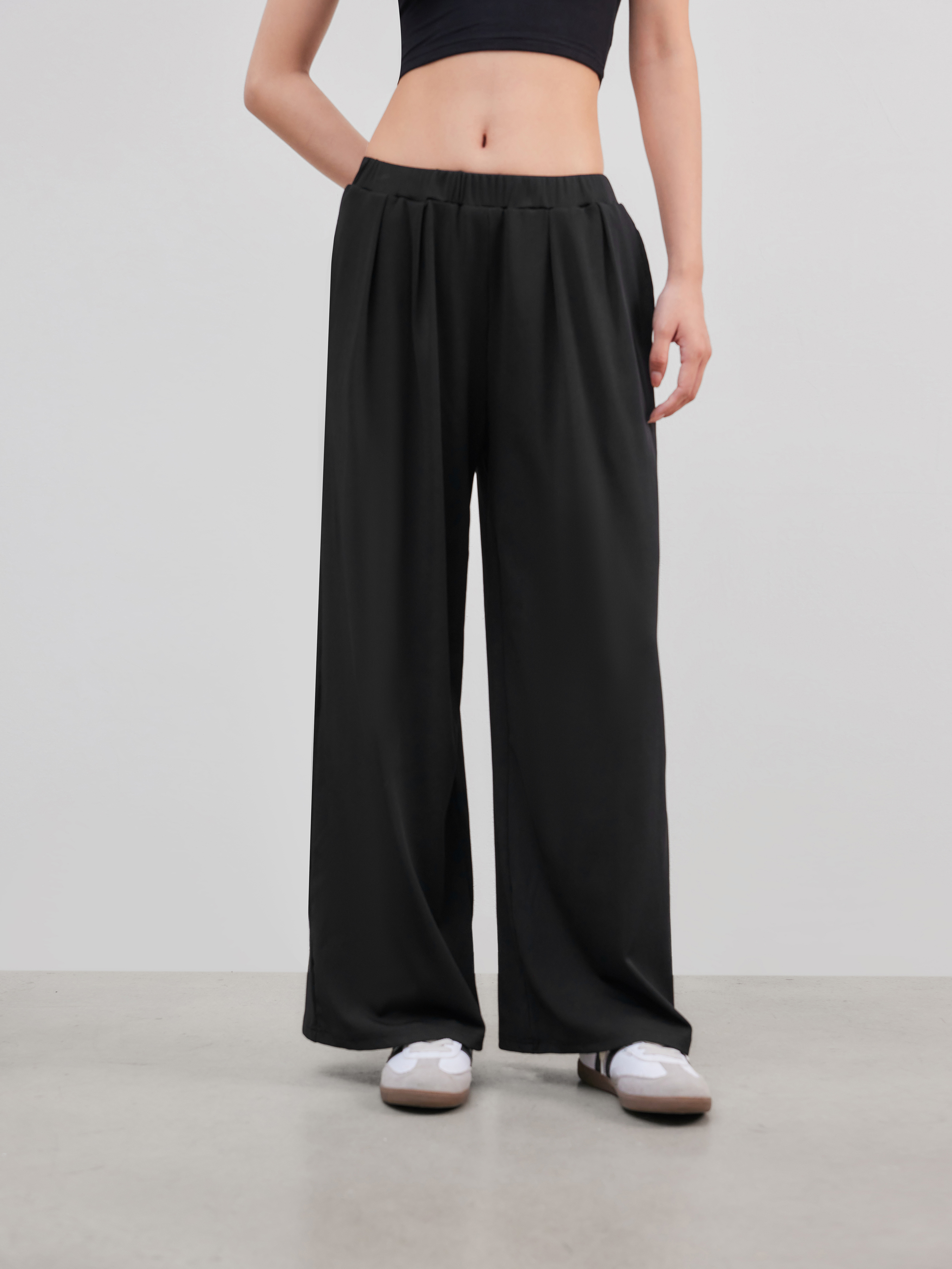 Petite Solid Elastic Waist Wide Leg Pants