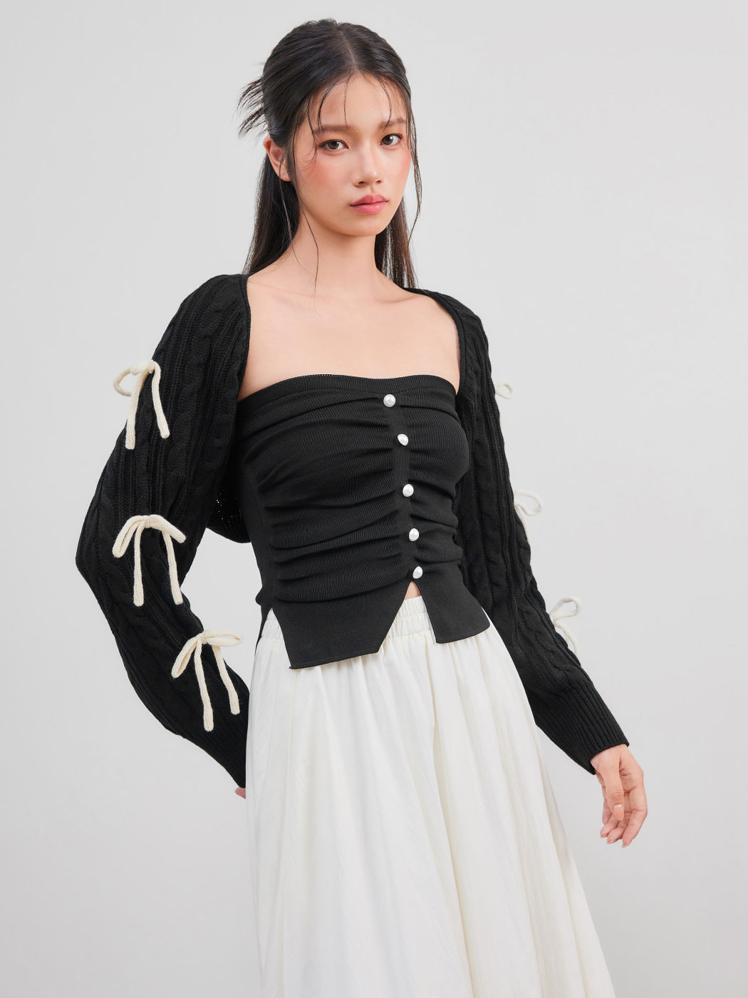 Cable Knit Bowknot Long Sleeve Shrug