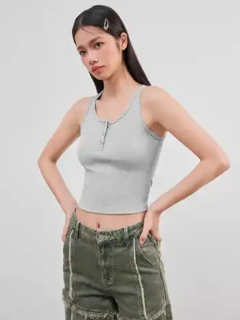 Solid Rib Button Up Tank Crop Top