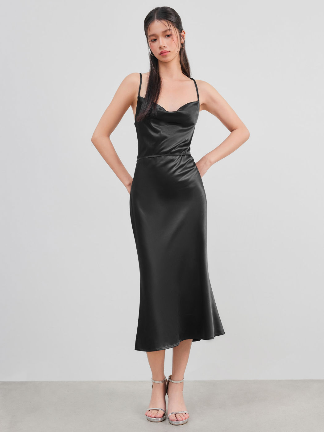 Satin Cowl Neck Sleeveless Mermaid Midi Dress
