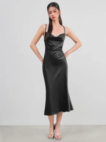 Satin Cowl Neck Sleeveless Mermaid Midi Dress